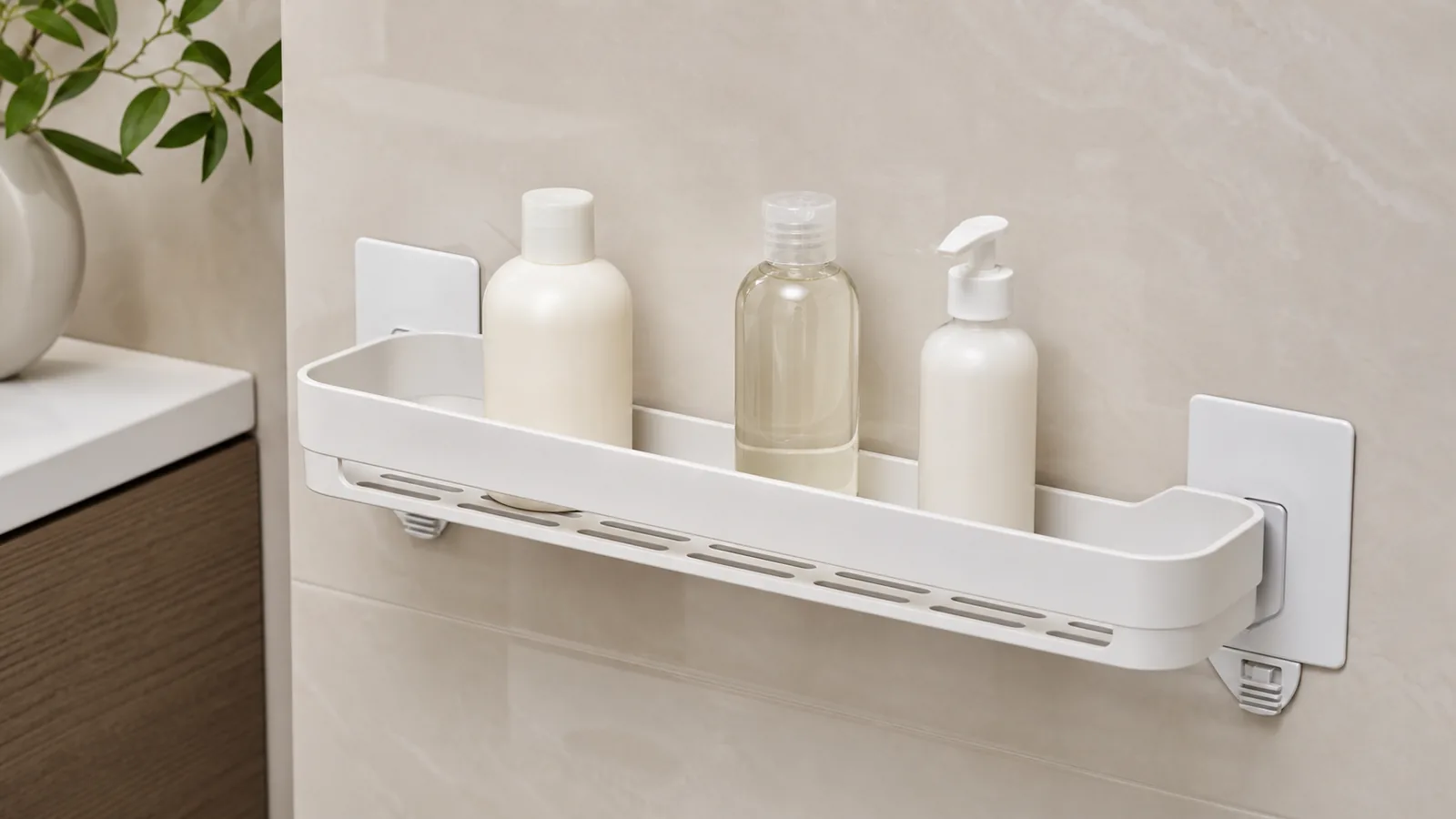 Close view of drainage openings, cleaning and release clearance, and full adhesive contact on compatible smooth tile.