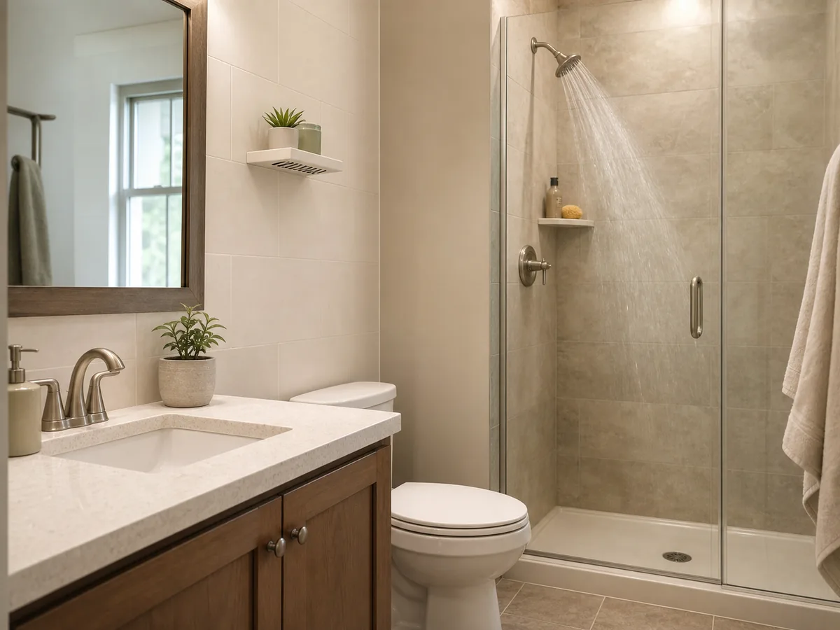 One realistic bathroom composition distinguishing the dry sink area, general humidity, incidental splash, and direct shower spray.