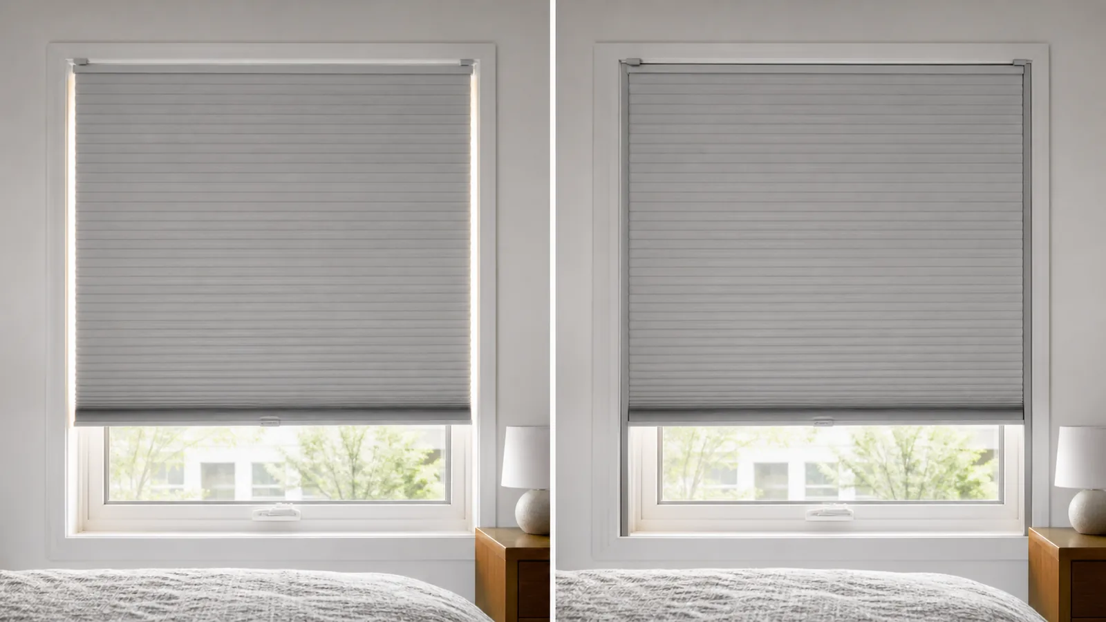 The same shade with ordinary narrow edge light beside a removable side-track approach, using consistent exposure and no performance claims.