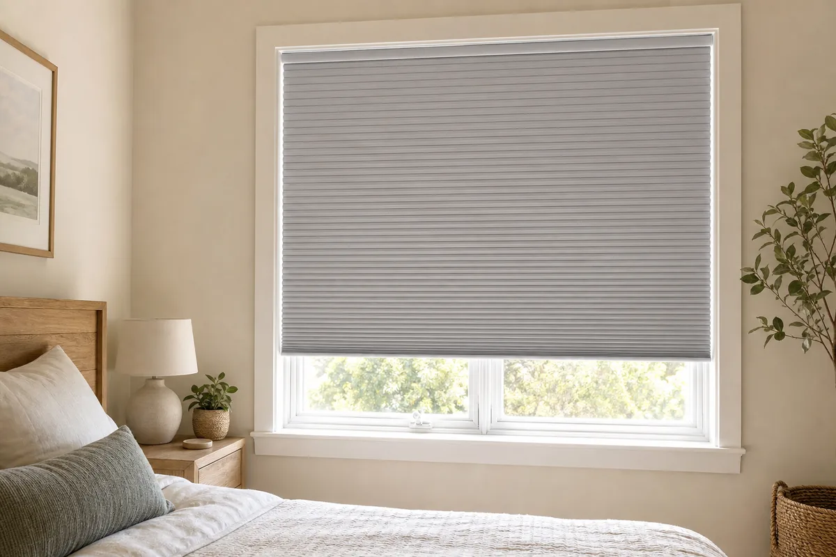 Rental bedroom with a correctly fitted no-drill blackout cellular shade, normal operating clearance, accessible locks, and an unobstructed emergency opening.