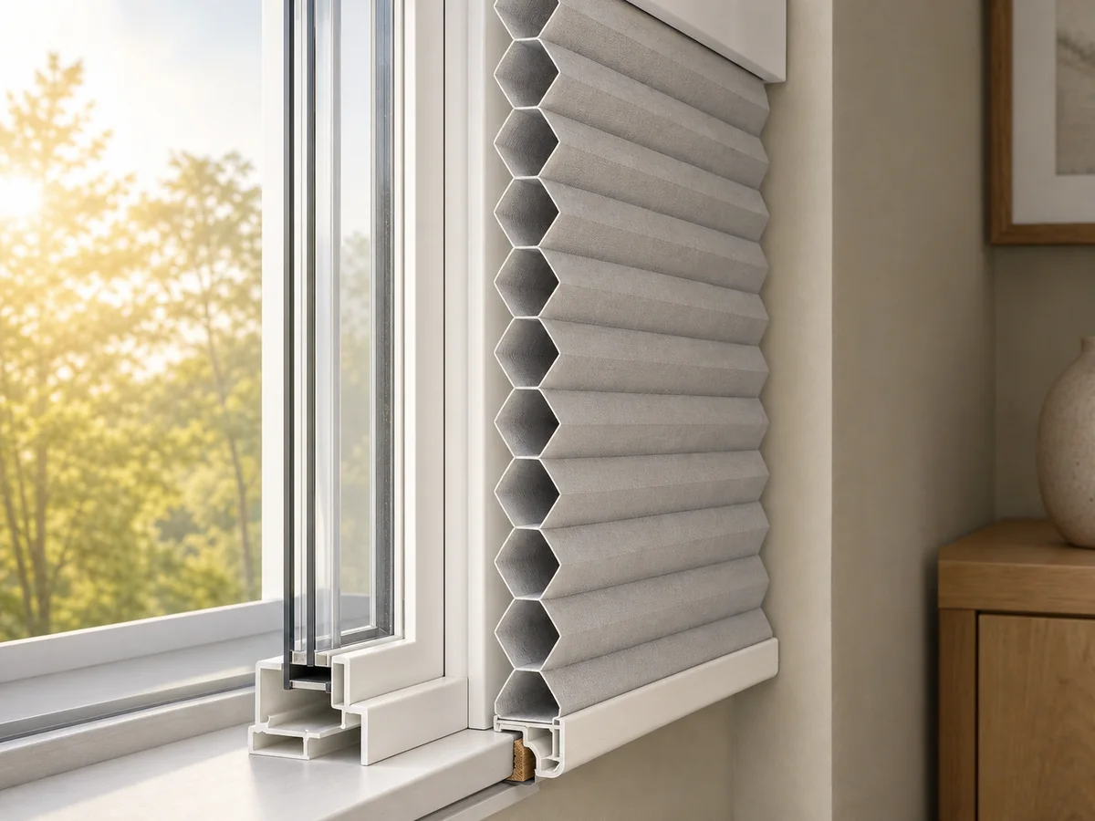 Cutaway illustration of a cellular shade showing enclosed air pockets between the room and window glass.