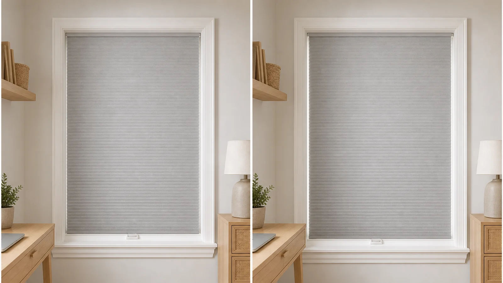 The same rental window with a close-fitting cellular shade and with larger side gaps for comparison.