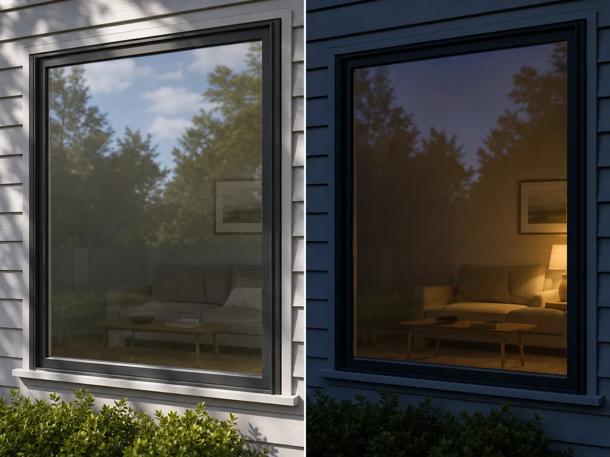 The same reflective privacy-film window under brighter daytime outdoor light and brighter nighttime indoor light.