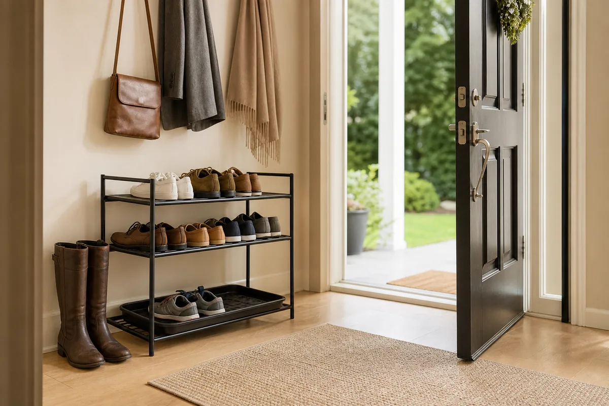 Compact entryway shoe storage in a small apartment.