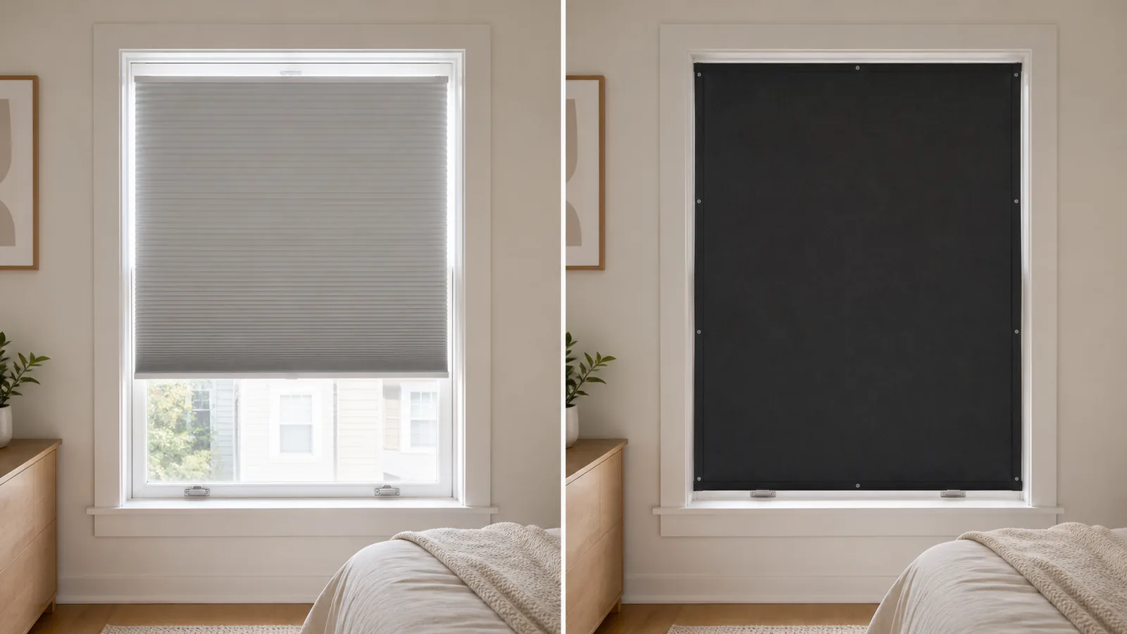 The same bedroom window with several uncovered light gaps and with a removable panel covering the full usable opening.