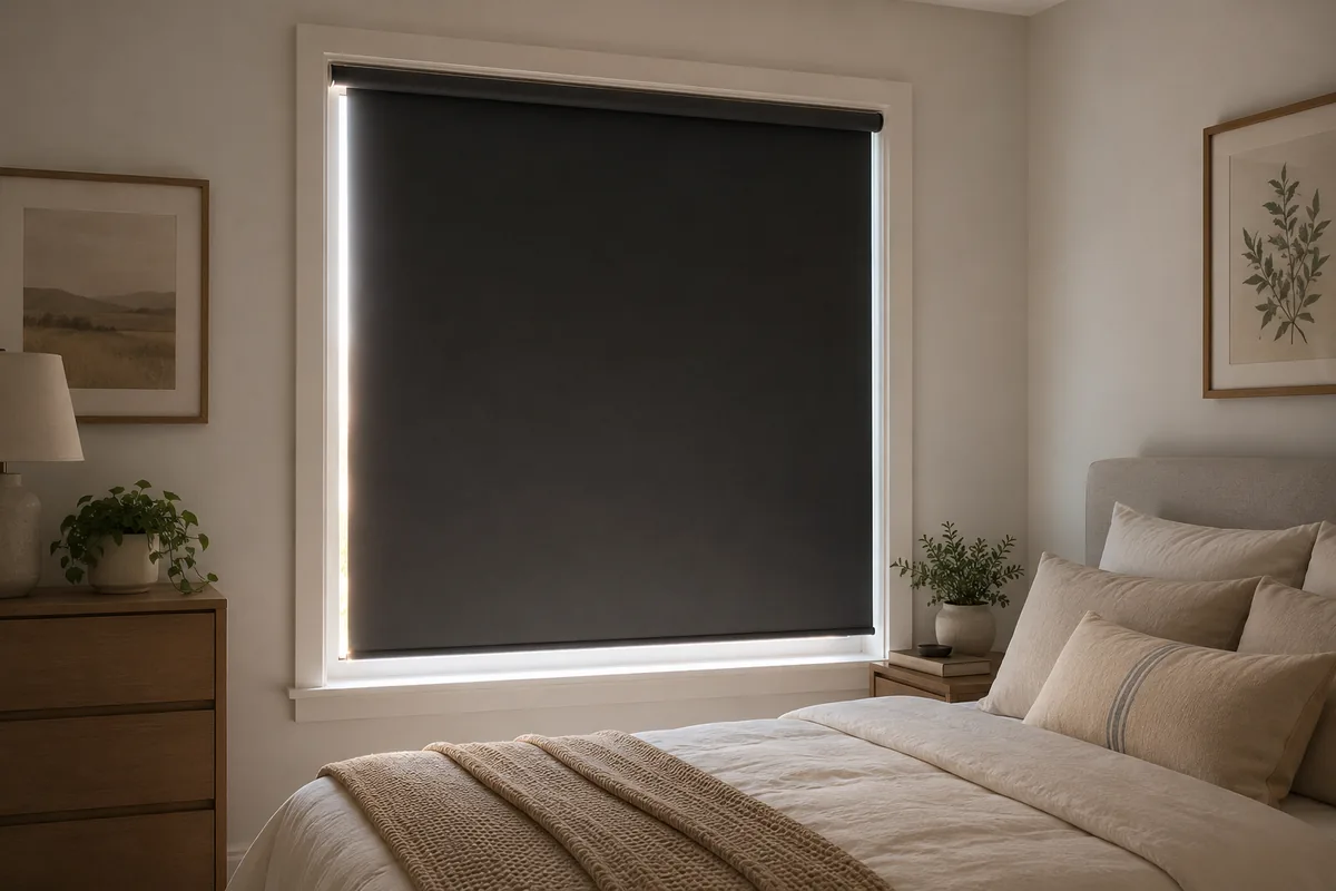 Bedroom window with a lowered blackout blind and a narrow strip of daylight leaking along one side.