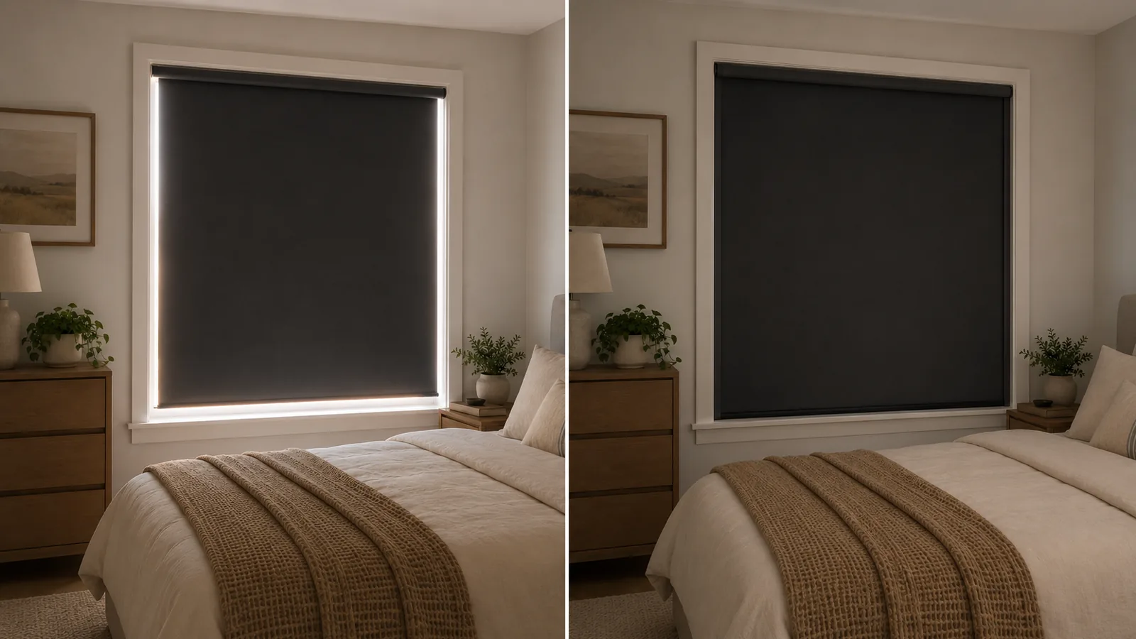 The same blackout blind before and after side-track installation, showing reduced light along the edges.