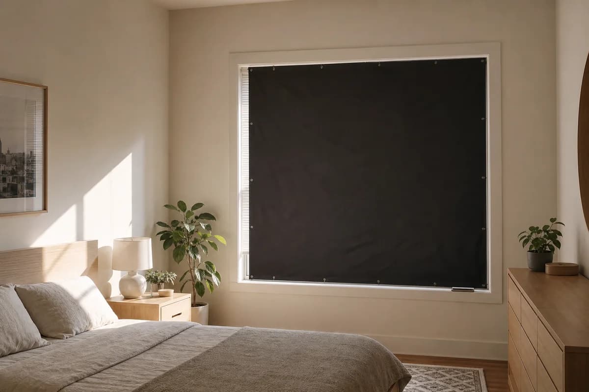 Rental bedroom during the day with a removable blackout panel covering the full window opening.