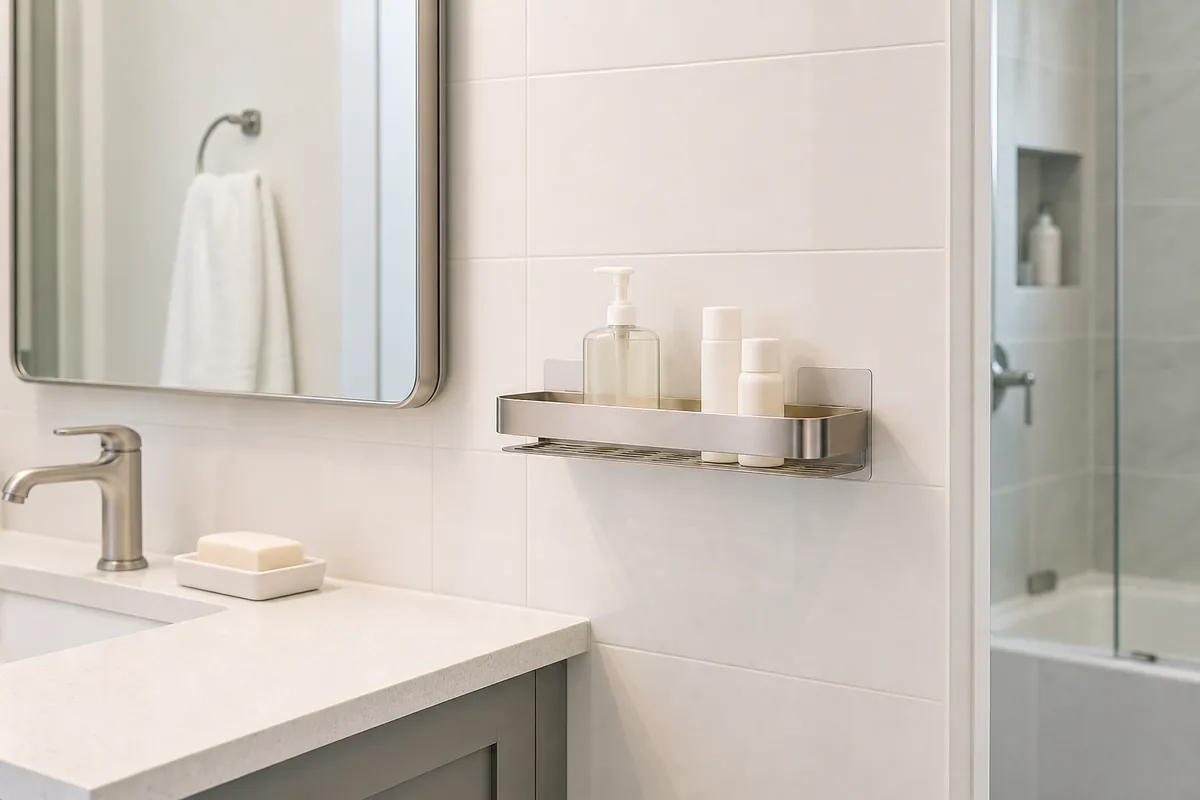 A lightly loaded ventilated adhesive-mounted shelf beside a vanity on compatible smooth tile in a humid but non-spray zone, with cleaning clearance.