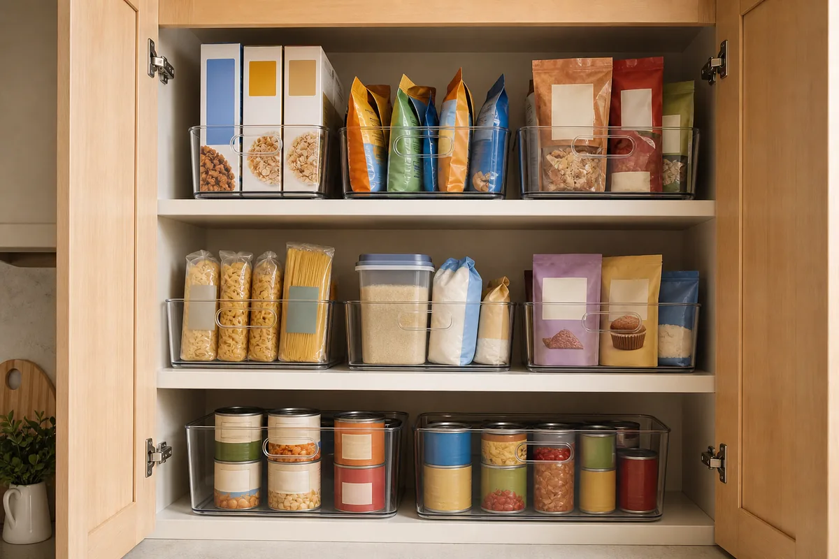 Organized pantry cabinet with clear bins and food storage containers.