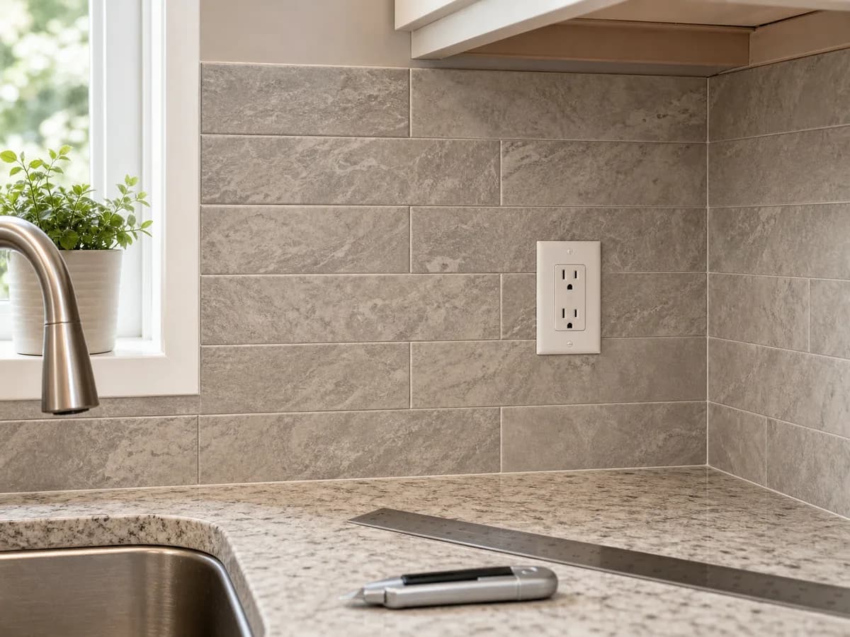 Plausible close view of aligned backsplash seams, a finished corner, straight cut edges, and a safely reinstalled outlet cover.