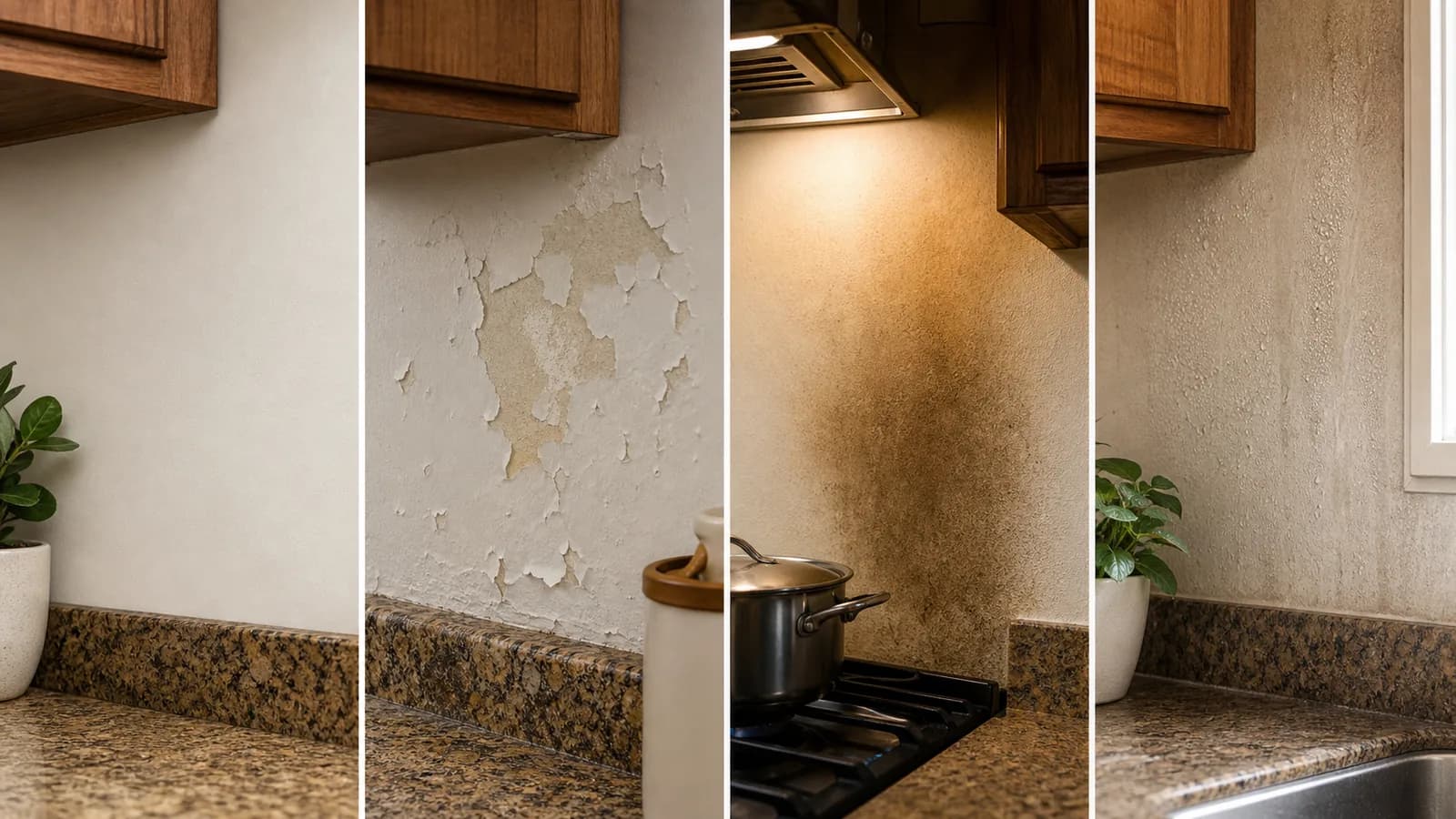 Consistent wall sections showing a compatible smooth surface beside loose paint, strong heat, steam, and persistent moisture conditions.