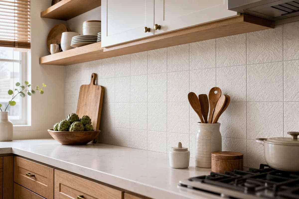 Realistic rental kitchen with thicker tile-style peel-and-stick sheets on a smooth backsplash area, away from direct flame and excessive heat.