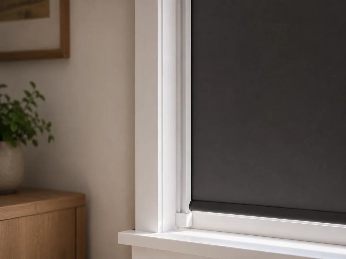 Removable light-blocking side track positioned beside the edge of a lowered blackout blind.