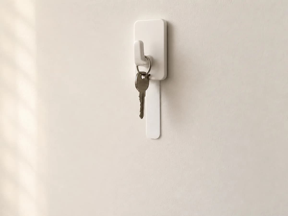 Removable mounting strip installed on a smooth painted surface with its removal tab accessible.