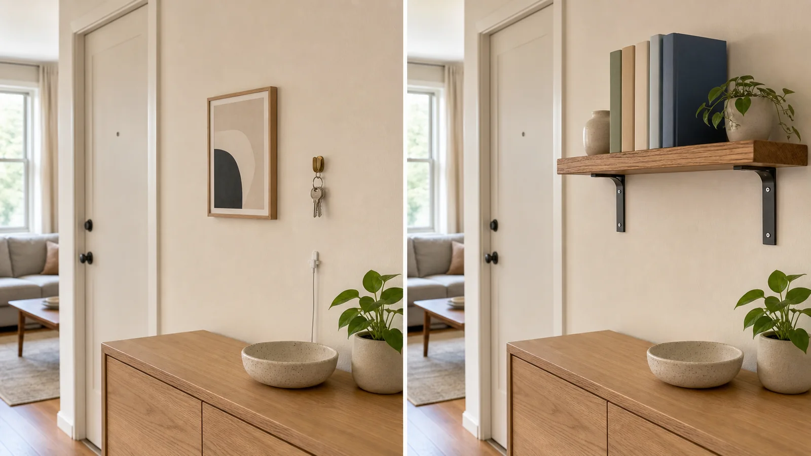 Comparison of lightweight removable-strip uses and a heavy wall-mounted item that requires another mounting method.