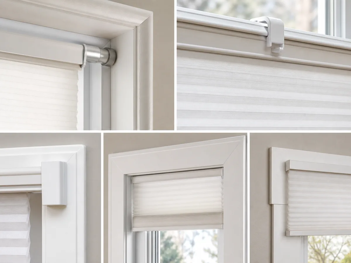 Physically separate compatible frame details for tension, clip-on, adhesive, inside-mount, and outside-overlap mounting categories.