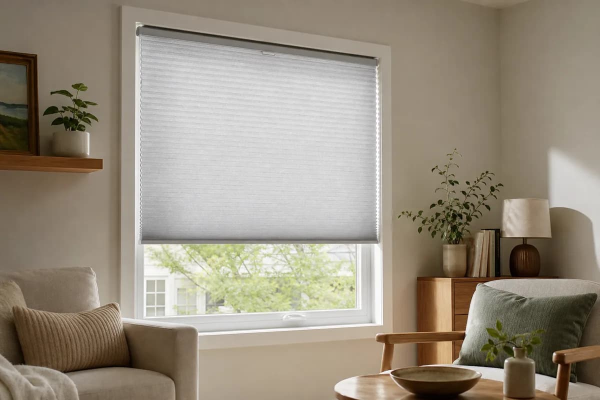 A normal rental living-room window with one clean no-drill cellular shade, visible hardware, and useful daylight rather than a blackout-only scene.