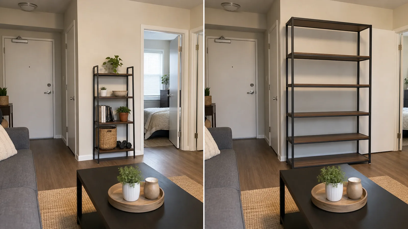 The same rental living zone with a correctly sized stable shelf and an oversized shelf that encroaches on circulation.