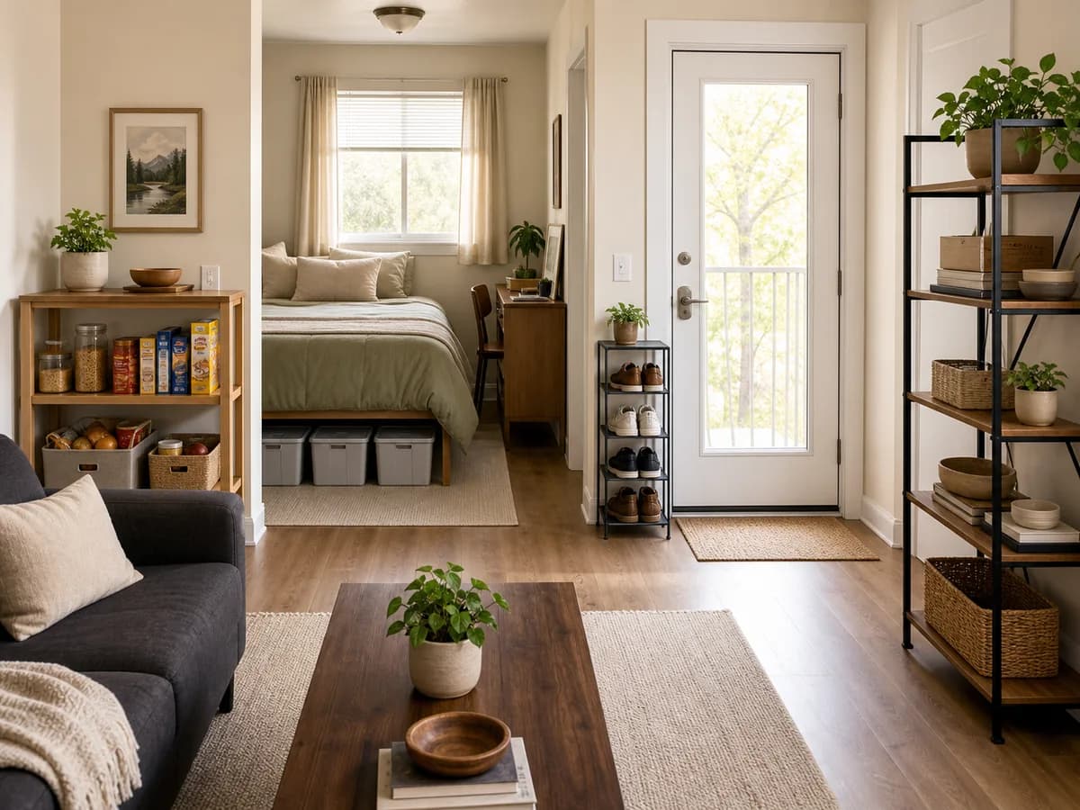 A coherent compact-apartment overview showing distinct under-bed, entryway, pantry, and open-wall storage zones.