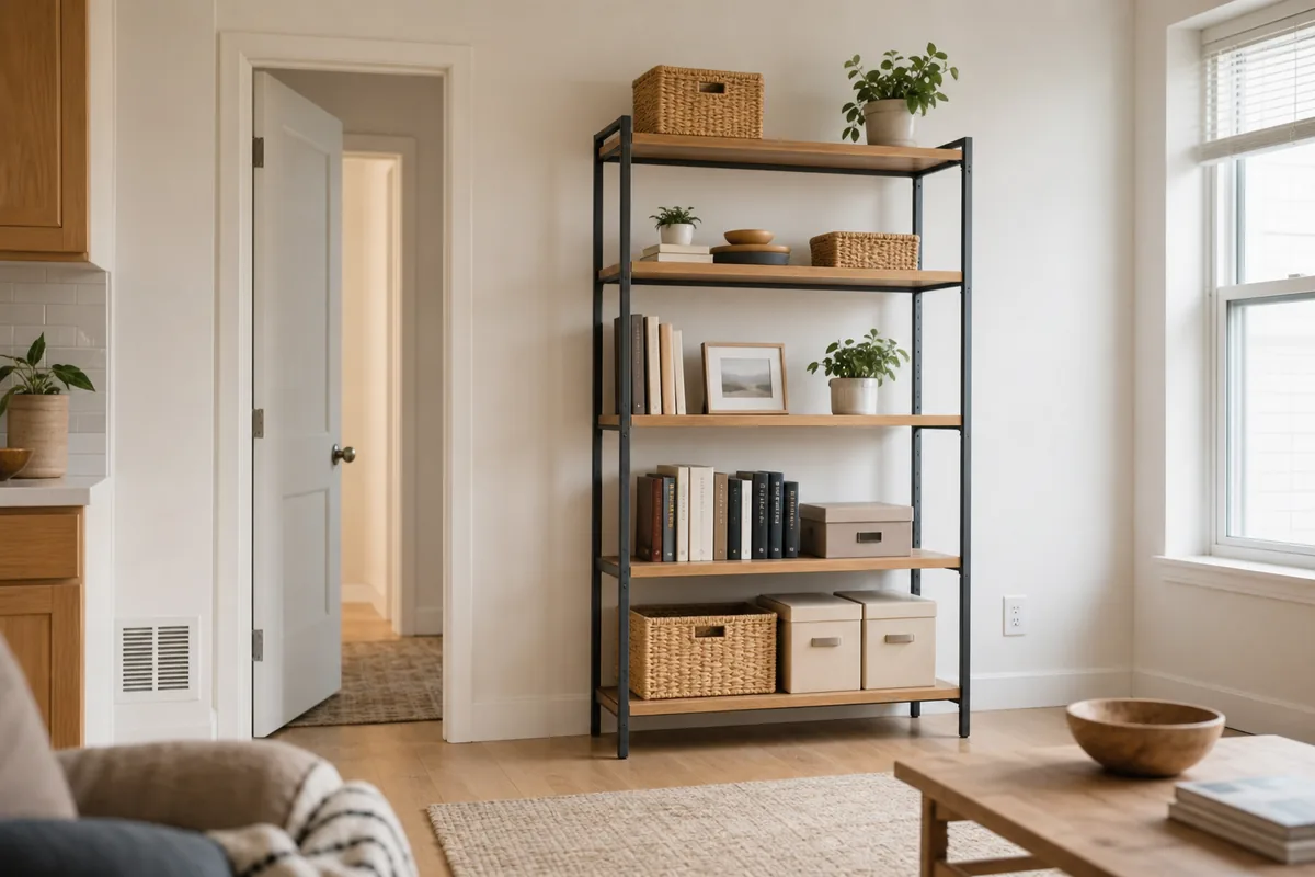 One small rental living zone organized with a stable adjustable freestanding shelf, heavier items low and lighter items high, with circulation kept clear.