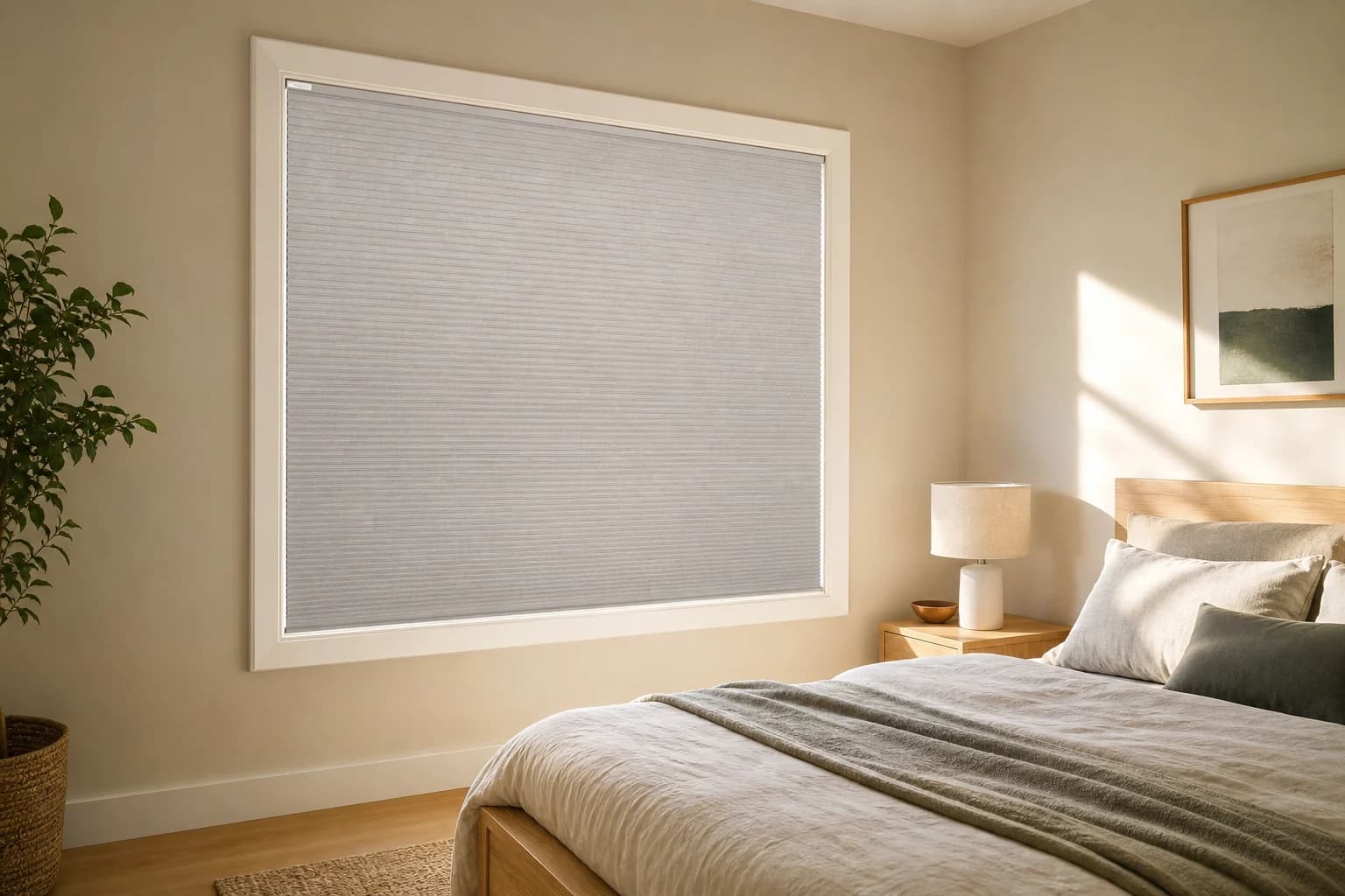 Rental bedroom with a close-fitting cellular shade lowered against strong afternoon sun.