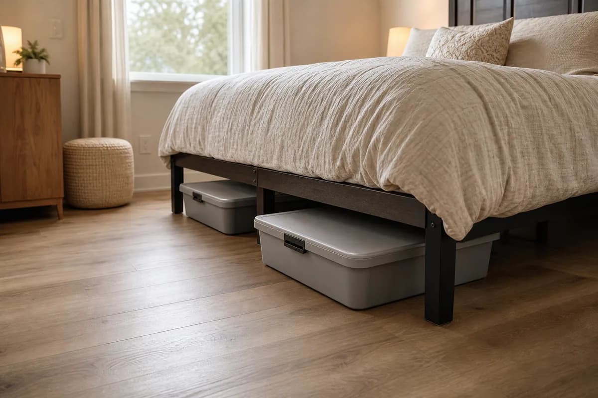 Under-bed storage bins used in a small bedroom.