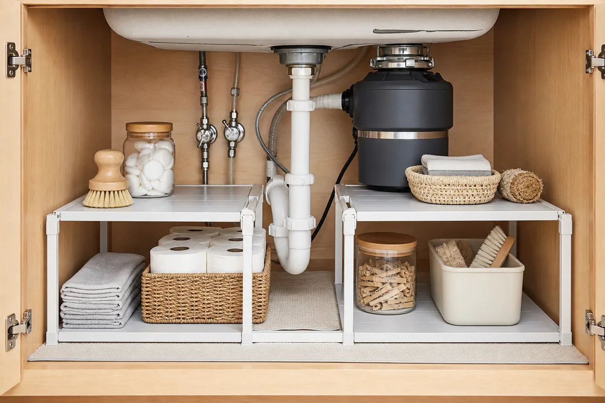 Under-sink organizer holding cleaning supplies in an awkward cabinet.