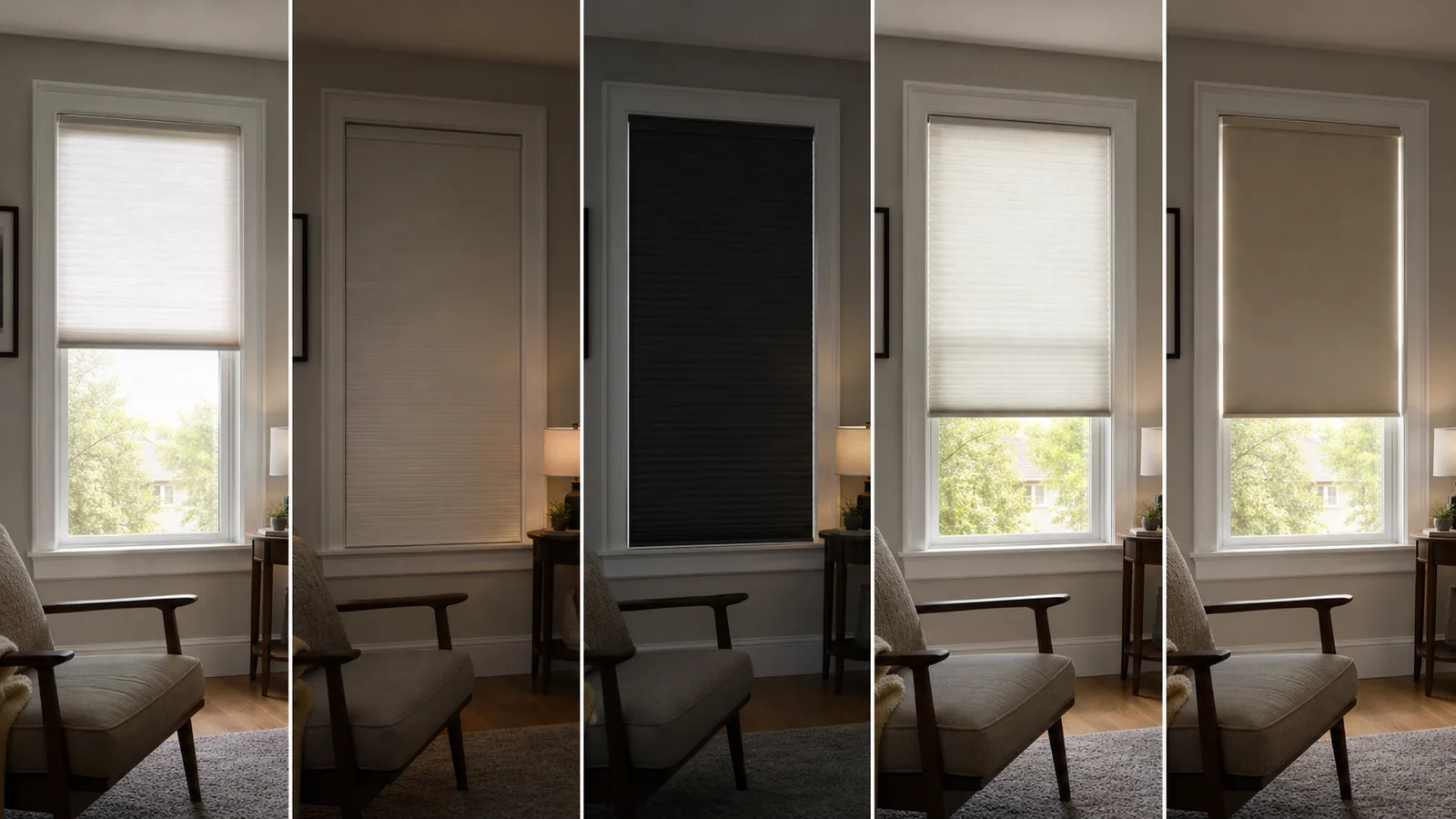 The same rental window presented for light-filtering, opaque nighttime privacy, blackout, thermal-comfort, and edge-gap needs.