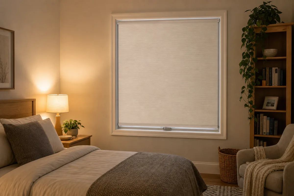 Warmly lit rental room at night with an opaque no-drill privacy shade covering the window.