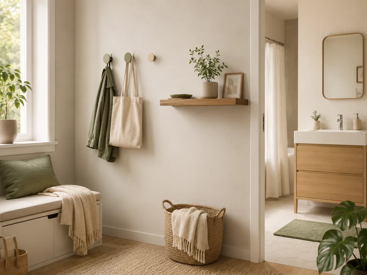 A renter-friendly apartment entryway with no-drill hooks and simple home storage.