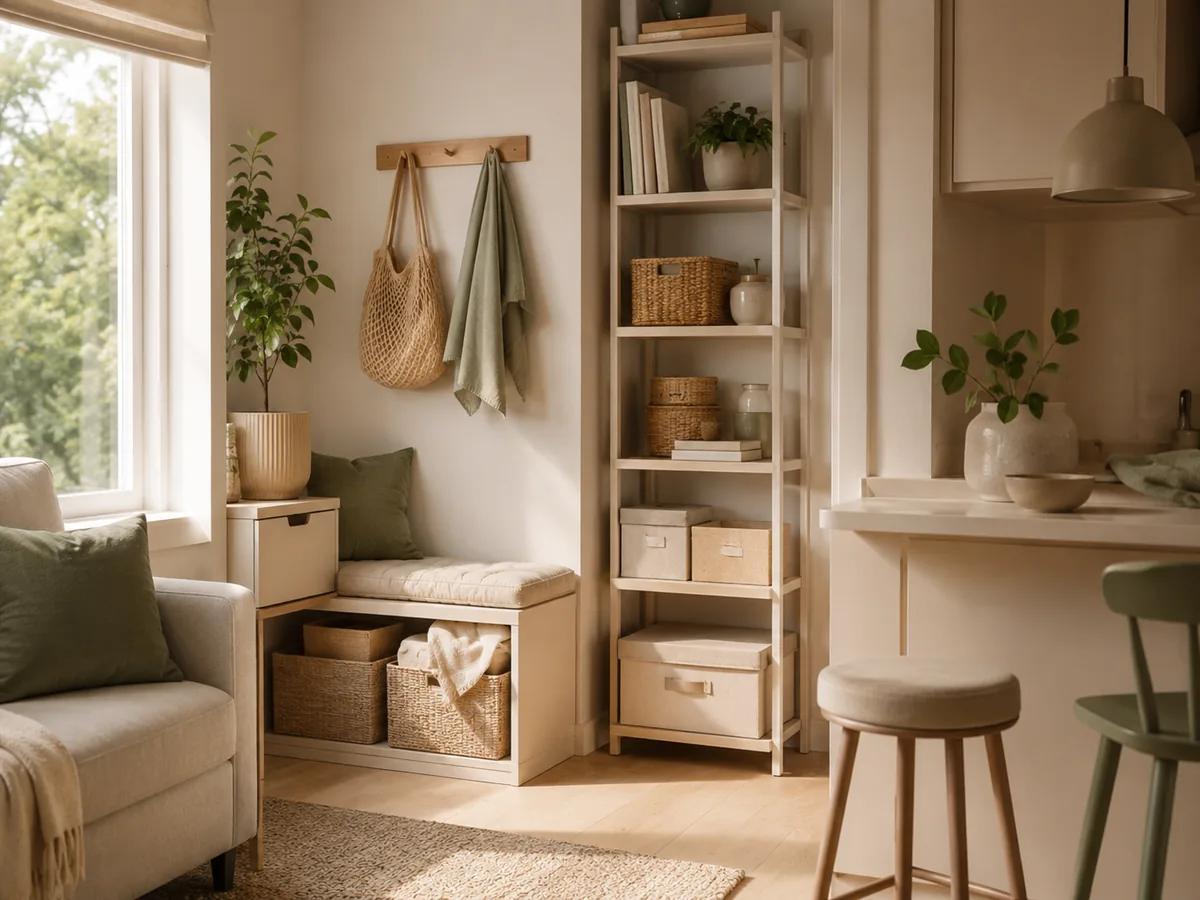 A small apartment corner with organized storage shelves and woven baskets.